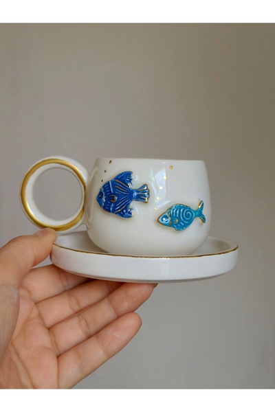 KOTYORA Fish-Shaped Handmade Gift Ceramic Turkish Coffee Cup
