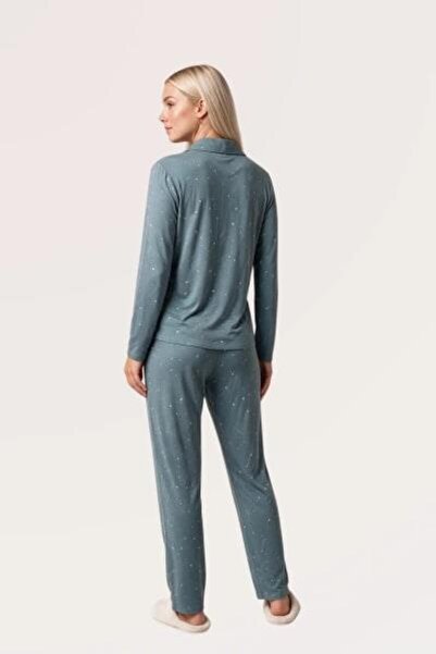 PJS Set de pijamale verzi cu nasturi pentru femei 30198