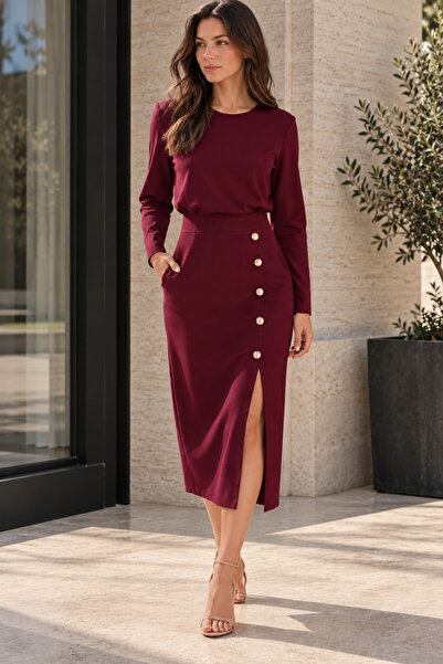Kokosh moda Elegant Button Detail |   Women's Long Sleeve Crew Neck Slit Midi...
