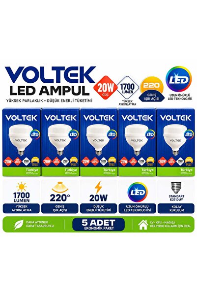 Voltek 5'li 20W LED Ampul 1700 Lümen 220° Geniş Işık Açısı E27 Duy – 5 Adet Ekonomik Paket