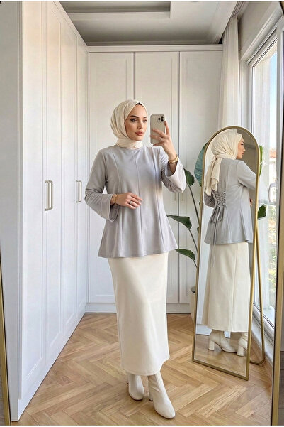 Kirazca Butik Women's Tunic Blouse with Crossed Lace-Up Back and Corsage Deta...