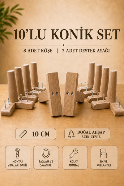 LEGORA WOOD DESIGN 10 Cm Konik (Açık Ceviz 10'lu Set) Ahşap Mobilya Ayağı "8 ...