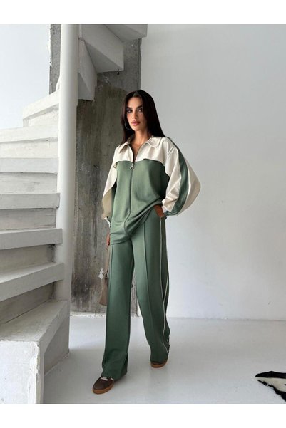 Focus Light Women's Color-Blocked Zip-Up Sweatshirt and Wide-Leg Pants Two-Piece Set
