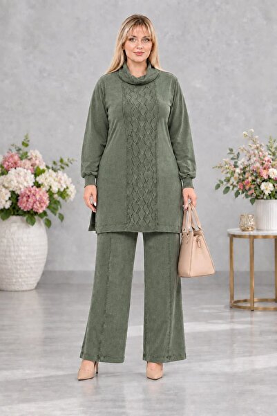 CEDY DENIM - Women's Plus Size Slit Tunic and Wide Leg Pants Set C8013-Khaki