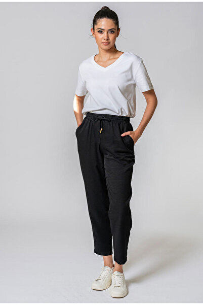 HERMOSA Pantaloni de damă Glorya din material textil, croială relaxată, negri...