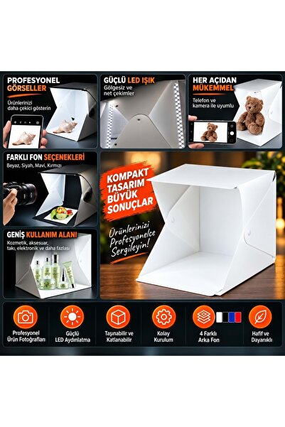 Triline 20x20 cm LED Işıklı Mini Ürün Fotoğraf Çekim Çadırı 4 Renk Fonlu Taşınabilir Stüdyo