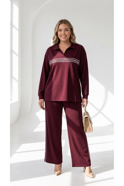 Koza Butik Women's Plus Size Long Sleeve Stone Detailed Tracksuit Set 8309-27