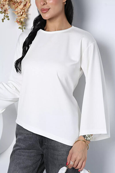 Aryena Cream Women's Crew Neck Blouse with Waist Tie Detail