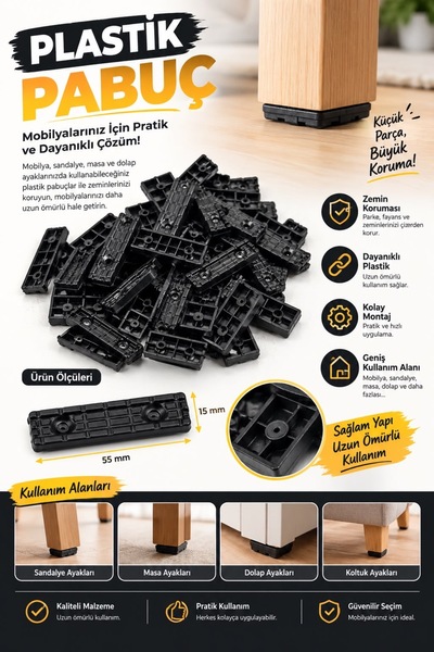 Plastik Mobilya Pabucu 55x15 mm – Masa, Sandalye, Dolap ve Mobilya Ayak Koruyucu (50 ADET + 100 ADET VİDA)