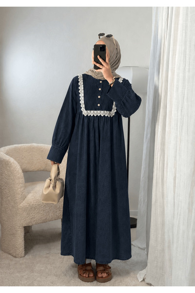 Hepsi Moda Yarım Düğmeli Güpürlü Kot Elbise - 2923 - Lacivert