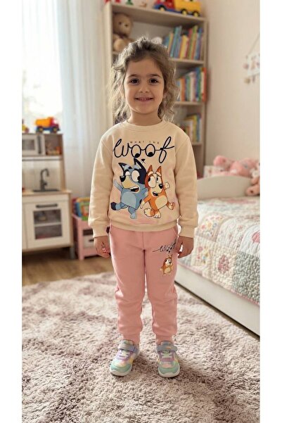 PJK3İ Bluey Kız Desenli 3 İp Şardonlu %100 Pamuk Kız Çocuk Eşofman Takımı 3-10 Yaş 82555