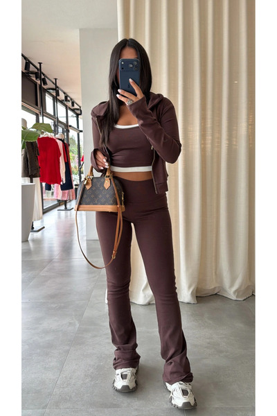 My Blog Brown Ribbed Spanish Flare Three-Piece Set - 4202
