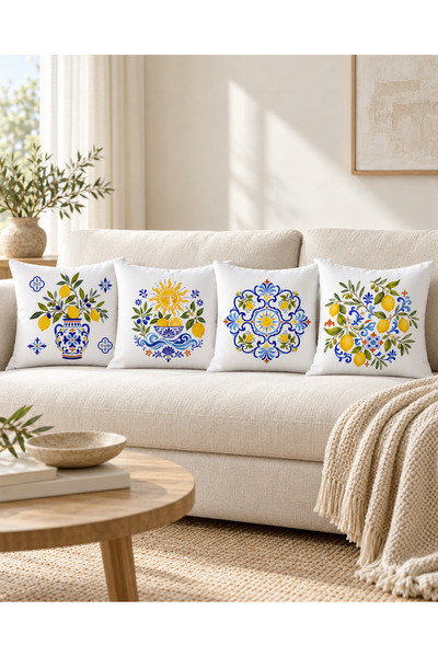 Akdeniz Limon ve Çini Desenli 4’lü Dekoratif Kırlent Kılıfı Seti 45x45 cm