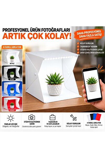 Triline 20x20 cm LED Işıklı Mini Ürün Fotoğraf Çekim Çadırı 4 Renk Fonlu Taşınabilir Stüdyo