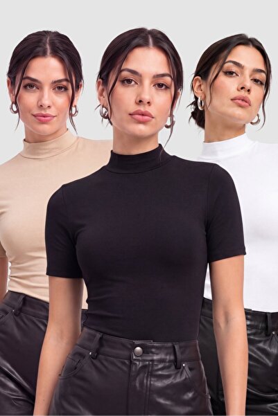 Arma Yıldız Women's Cotton Turtleneck Short Sleeve Bodysuit 3-Pack