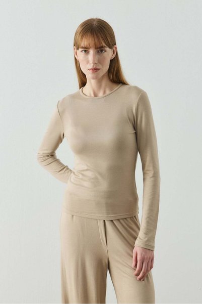 Molene Bej Bisiklet Yaka Uzun Kollu Kadın Basic Body