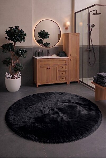 SOFT DECOR 1'Li Peluş Banyo paspası Çap: 120 cm Yuvarlak Halı Su emici Klozet...
