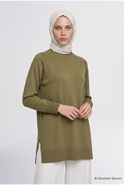 Armine High Collar Basic Knitwear Tunic Oil Green