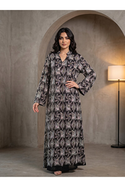 Finelook Women’s Black Geometric Sequin-Embroidered Maxi Kaftan Dress – Elega...