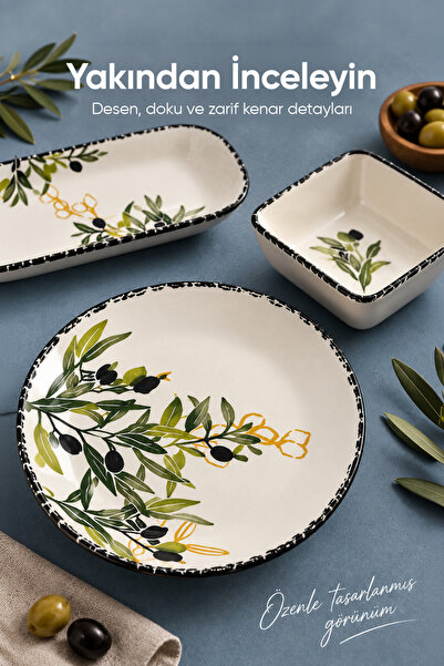 Vienev 14 Parça 6 Kişilik Zeytin Model Seramik Kahvaltı Takımı 6 Pasta Tabağı 4 Kare Kase 2 Dikdörtgen Kase 2 Oval Zeytinlik