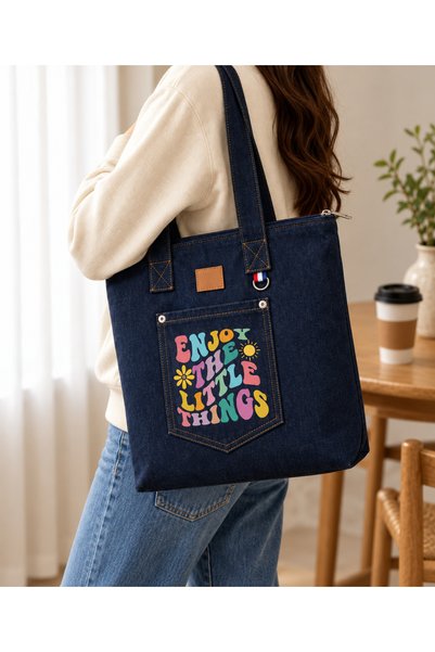 TEKSIVA Kadın Siyah Kot Omuz Çantası Fermuarlı Cepli %100 Pamuk Denim Tote Ça...