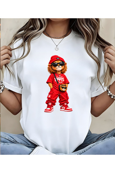 ASELİNDA Red Street Style Cool Lion Design Round Neck Short Sleeve T-Shirt
