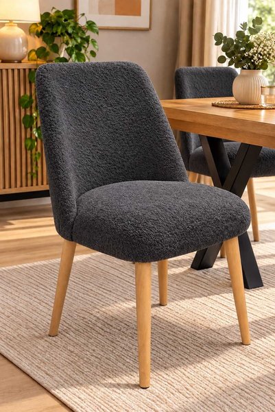DEKOZUM LAVENA Teddy Kumaş Ahşap Ayaklı Dekoratif Sandalye – Mutfak, Salon, M...