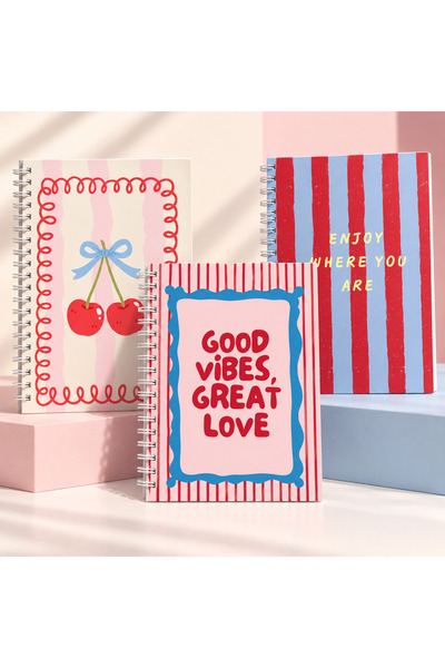 Kirazlı Neşe 3'lü Çizgisiz Spiralli Defter Seti 13,5x20 cm 100 Sayfa Karton Kapak