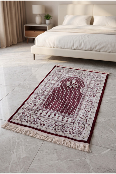 Merinos Arden Yumuşak Halı Figürlü Kırmızı Beyaz Akrilik Saçaklı SECCADE