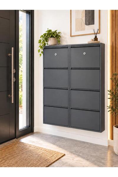 Karlı Home 4+4 Antrasit Kilitli 16 Çift Kapasiteli Şık Tasarım Metal Ayakkabılık
