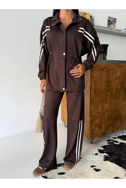 Focus Light Women's Stripe Detailed Zippered Jacket and Wide-Legged Trousers Two-Piece Set