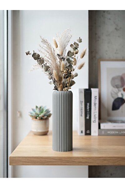 echer studio Zen Dikey Oluklu Vazo - Mat Taş Gri - 3D Baskı Minimalist Dekoratif Vazo