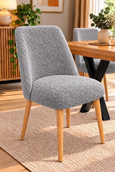 DEKOZUM LAVENA Teddy Kumaş Ahşap Ayaklı Dekoratif Sandalye – Mutfak, Salon, M...
