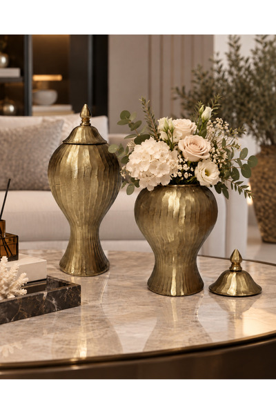 Hinora Home 2’li Eskitme Gold Alüminyum Kapaklı Dekoratif Küp Vazo Seti 50 cm...