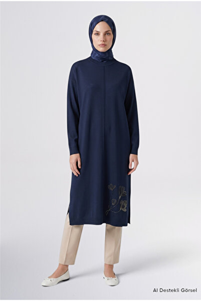Armine Flower Embroidered Knitwear Tunic Navy Blue