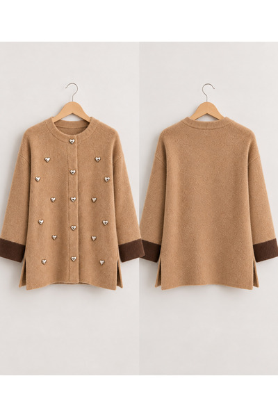 CNR TEKSTİL Women's Gray Heart Accessory Soft Textured Crew Neck Knitwear Cardigan