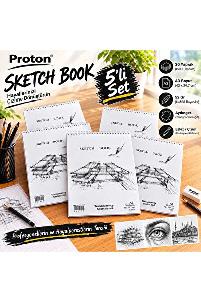 Proton Aydınger Sketchbook 5 Pieces A3 30 Sheets 52 Gr Transparent Drawing Pa...