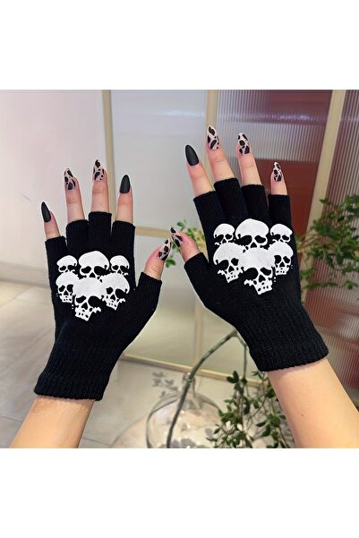 Toum Gothic Printed Unisex Black Cut-Out Double Gloves