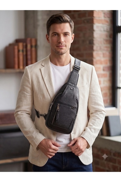 Deribond Hakiki Deri Erkek Çapraz Göğüs Çantası - Çok Bölmeli Body Bag Sling Bag