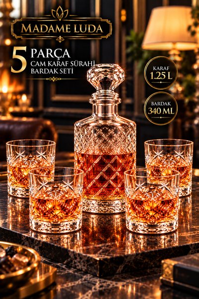 MADAME LUDA Lüks Üst Kalite/ 5 Parça Cam Şişe Karaf Sürahi 4 Bardaklı Set/1.2...