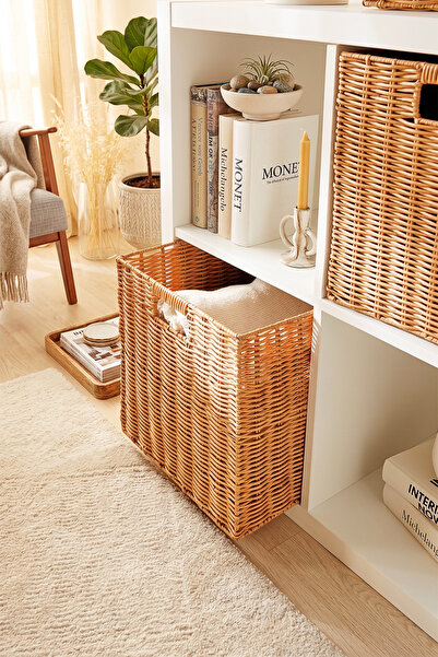 Ocean Home Textile 2'li Yıkanabilir Bej PP Rattan Dolap İçi Çamaşır Çocuk Odası Oyuncak Düzenleyici Saklama Sepeti Organizer 33x33x33