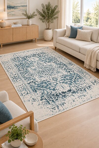 Oriente Home Zenya Serisi Krem Mavi Şönil Makine Halısı Kaymaz Taban Salon Ha...