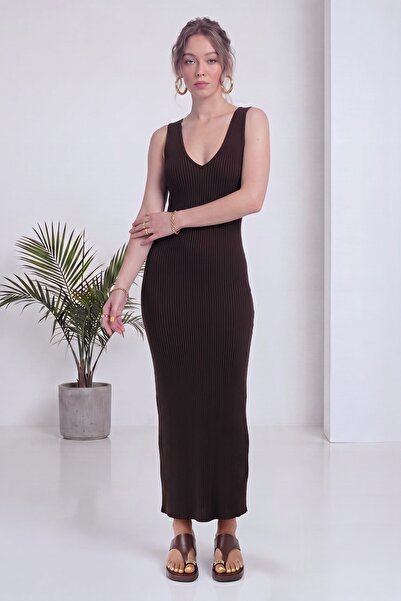 zks grup tekstil Women's V-Neck Thick Strap Ribbed Knitwear Midi Dress Anthra...