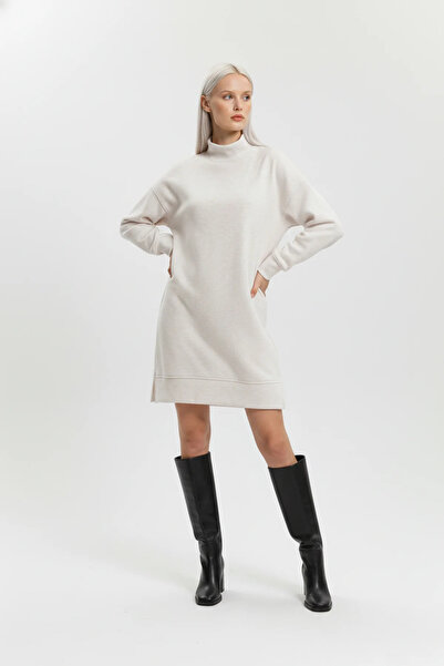 No Matter What Kadın Şardonlu Örme Mini Elbise Dik Yaka Uzun Kollu