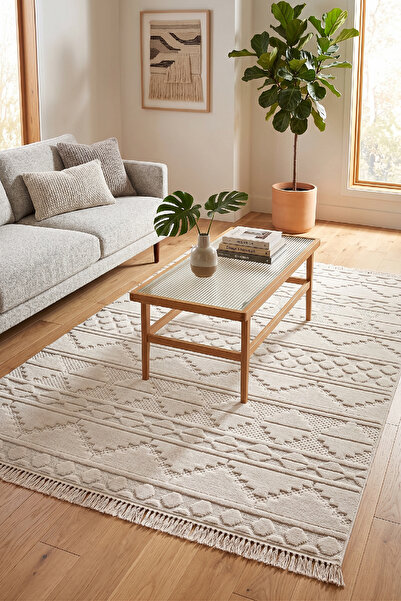 Raschel Carpet Bej Mystic Serisi Uzun Püsküllü Pamuk Tabanlı Modern Halı Yoll...