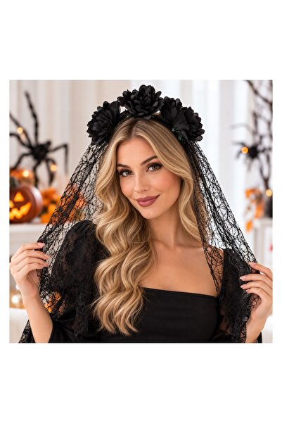 OEM Coronita Par Deghizare Neagra Trandafiri Dantela Lunga 90cm – Accesoriu d...