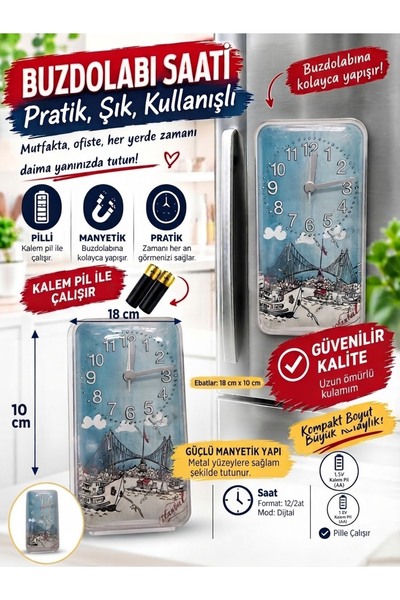 Magnetli Buzdolabı Saati 18x10 cm - Dekoratif Mıknatıslı Ahşap Mutfak Saati