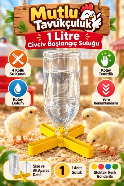 MUTLU TAVUKÇULUK 1 Litre Civciv Başlangıç Suluğu – Şişe ve Alt Suluk Aparatı ...