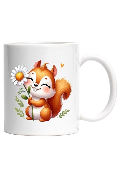 INOVATIX Personalized white mug, a happy squirrel holding a white flower, nat...