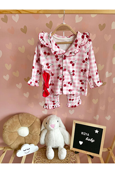 Genel Markalar Kirazlı Pötikareli Bandanalı Kız Bebek Pijama Takımı-PEMBE
